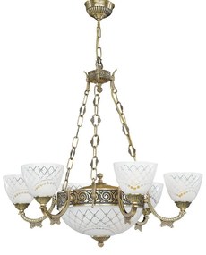 Candelabru cu 6 brate clasic design italian din alama, sticla 7052 RA-L. 7052/6+2