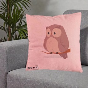 Perna Decorativa Bufnita Kawaii pe Creanga, 40x40 cm, Roz, Husa Detasabila, Perna Inclusa, BEKZ®