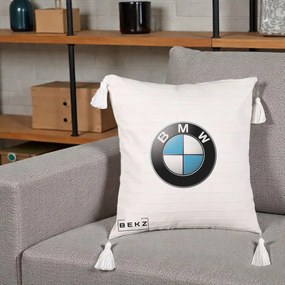 Perna Personalizata cu emblema BMW, 40x40 cm, Bej cu Franjuri, Husa Detasabila, Perna Inclusa, BEKZ®