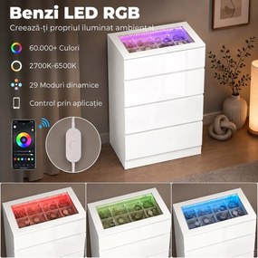 HOMCOM Comodă Modernă cu 4 Sertare și Lumini LED, 60x40x90 cm, Albă | Aosom Romania