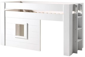 Pat median pentru copii NOAH, alb, 90 x 200 cm, MDF lăcuit, spațiu multifuncțional sub pat, scară și fereastră montabile pe stânga sau dreapta –