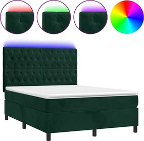 vidaXL Pat cu arcuri, saltea și LED, verde închis, 140x200 cm, catifea