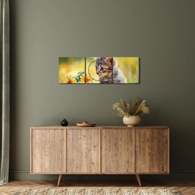 Tablou cu pisicuța uitându-se la floare (cu ceas) (90x30 cm)