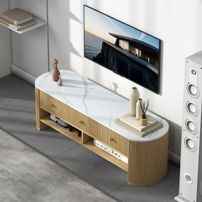 HOMCOM Comodă TV 140 cm, mobilier pentru televizor 165 cm cu aspect de marmură 3 sertare fețe canelate aspect lemn natural | Aosom Romania