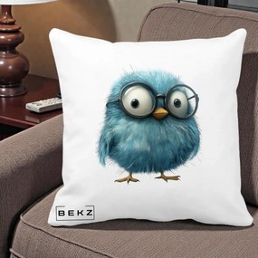 Perna Decorativa Pui Pufos Teal cu Ochelari, 40x40 cm, Alba Mata, Husa Detasabila, Perna Inclusa, BEKZ®