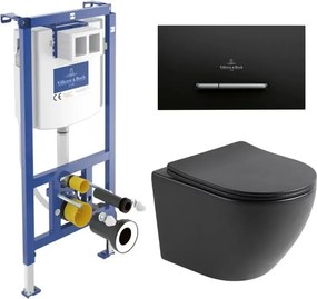 Set rezervor WC cu cadru incastrat Villeroy&Boch ViConnect si clapeta de actionare ViConnect 300S negru mat plus vas WC Rune Ivaldi cu capac softclose