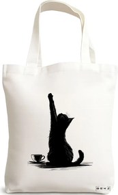 Sacosa de Panza pentru Cumparaturi, Geanta Tote, model Caffeine Cat 6 38 x 34.5 cm, Alba, BEKZ®