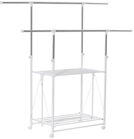 HOMCOM Suport pentru Îmbracaminte şi pentru Rufe Extensibil, 2 Paliere, Înaltime reglabila şi Roţi, 88-157x50x95-160cm, Alb