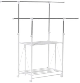 HOMCOM Suport pentru Îmbracaminte şi pentru Rufe Extensibil, 2 Paliere, Înaltime reglabila şi Roţi, 88-157x50x95-160cm, Alb