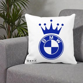 Perna Personalizata cu emblema BMW si Coroana, 40x40 cm, Alba Mata, Husa Detasabila, Perna Inclusa, BEKZ®