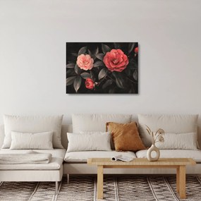 Tablou pe sticlă - Flori roșii pe fundal întunecat (70x50 cm)
