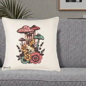 Perna Decorativa Ciuperci si Broaste Boho, 40x40 cm, Crem Reliefat, Husa Detasabila, Perna Inclusa, BEKZ®