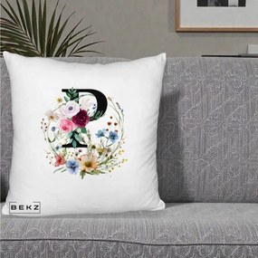 Cadou Personalizat - Perna Personalizata Monogram Litera P cu Flori Acuarela, 40x40 cm, Alb Pufos, Husa Detasabila, Perna Inclusa, BEKZ®