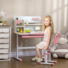 HOMCOM Birou și Scaun pentru Copii cu Vârsta de +3 Ani cu Înălțime Reglabilă și Masă Înclinabilă 80x52x88-109 cm și 35,5x44,5x66-80 cm Roz | Aosom Romania