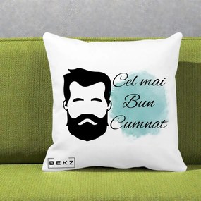 Cadou pentru Cumnat - Perna Personalizata Cel mai Bun Cumnat cu Portret Barbat si Pete Teal, 40x40 cm, Alba Mata, Husa Detasabila, Perna Inclusa, BEKZ®