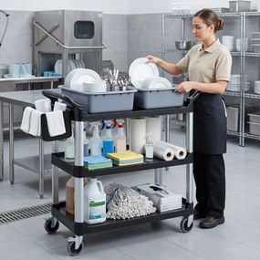 HOMCOM Carucior Profesional pentru Curățenie cu 3 Rafturi, 2 Recipiente Detașabile, Găleată Laterală și 4 Roți, Negru | Aosom Romania