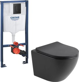 Pachet vas wc negru mat Rune Ivaldi, capac slim softclose si rezervor Grohe Solido 3 in 1 cu clapeta neagra Even