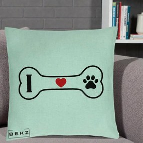 Perna Personalizata I Love Dog Os si Labuta, 40x40 cm, Verde Menta, Husa Detasabila, Perna Inclusa, BEKZ®