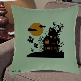 Perna Decorativa Halloween Casa Bantuita cu Fantome, 40x40 cm, Verde, Husa Detasabila, Perna Inclusa, BEKZ®