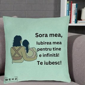 Cadou pentru Sora - Perna Personalizata Sora Mea Te Iubesc Doua Fete Fashioniste Line Art, 40x40 cm, Verde Menta, Husa Detasabila, Perna Inclusa, BEKZ®
