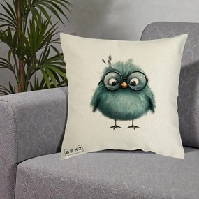 Perna Decorativa Pui Teal cu Ochelari Rotunzi, 40x40 cm, Ecru, Husa Detasabila, Perna Inclusa, BEKZ®