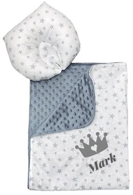 Set 2 piese Personalizat Paturica dubla de iarna 90x70 cm cu perna formare cap Deseda Minky gri - Steluțe gri pe alb