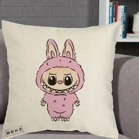 Perna Personalizata Labubu Mov Pastel, 40x40 cm, Ecru, Husa Detasabila, Perna Inclusa, BEKZ®