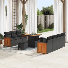 Set de 10 Piese pentru Grădină cu Pernițe Ratan Poli Negru și Acacia