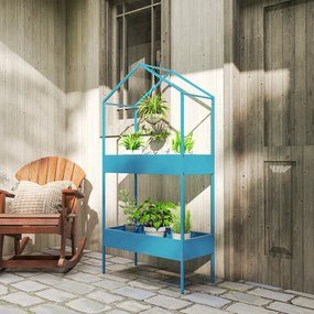 Outsunny Suport Ghivece pe 2 Niveluri din Metal în Formă de Casă, Raft pentru Plante cu Cârlig pentru Interior și Exterior, 75x35x150 cm, Verde Albastru | Aosom Romania