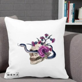 Perna Decorativa Craniu cu Sarpe si Trandafiri Gothic, 40x40 cm, Alba Mata, Husa Detasabila, Perna Inclusa, BEKZ®