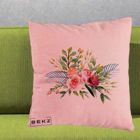 Perna Decorativa Buchet Flori Acuarela Roz-Verde, 40x40 cm, Roz, Husa Detasabila, Perna Inclusa, BEKZ®