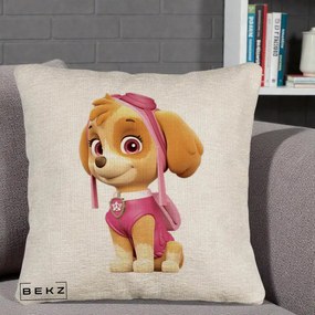 Perna Personalizata Skye PAW Patrol Roz, 40x40 cm, Bej Canapea, Husa Detasabila, Perna Inclusa, BEKZ®