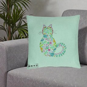 Perna Decorativa Pisica Florala Acuarela, 40x40 cm, Verde Menta, Husa Detasabila, Perna Inclusa, BEKZ®