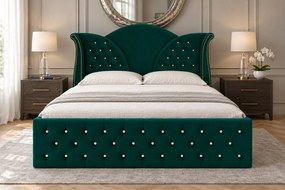 Pat tapițat Chesterfield din catifea Velora Cristal 140×200 cm, verde, cu ladă de depozitare