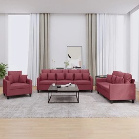 vidaXL Set canapea cu perne, 3 piese, roșu vin, material textil