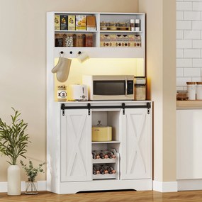 HOMCOM Servantă de Bucătărie Rustică 180 cm, Dulap cu Priză de Alimentare, Lumini LED, Suport pentru Sticle, Suprafață pentru Cuptor cu Microunde, Rafturi Deschise, Uși Glisante, Orificiu pentru Cabluri, Alb | Aosom Romania