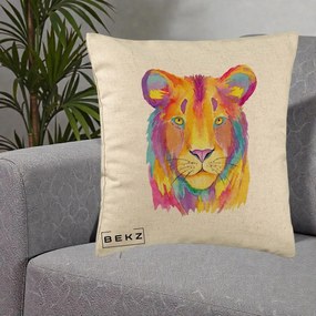 Perna Decorativa Leu Acuarela Curcubeu, 40x40 cm, Bej, Husa Detasabila, Perna Inclusa, BEKZ®