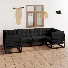 Set mobilier grădină, perne negre, 6 piese, lemn masiv de pin