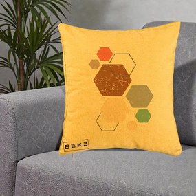 Perna Decorativa Geometric Hexagoane Multicolor, 40x40 cm, Galben, Husa Detasabila, Perna Inclusa, BEKZ®