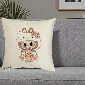 Perna Personalizata Labubu x Hello Kitty, 40x40 cm, Ecru, Husa Detasabila, Perna Inclusa, BEKZ®