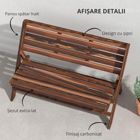 Outsunny Bancă de Exterior din Lemn pentru 2 Persoane, Bancă Pliabilă cu Spătar și Șezut cu Șipci, Bancă pentru Patio, Finisaj Carbonizat | Aosom Romania
