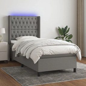 vidaXL Pat cu arcuri, saltea și LED, gri închis, 90x200 cm, textil