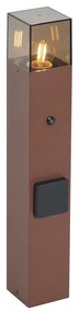 Stâlp de iluminat exterior industrial 'Denmark', maro ruginiu, cu sticlă fumurie, 50 cm, cu senzor de crepuscul