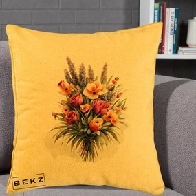 Perna Decorativa Buchet Mixt Acuarela Lavanda-Trandafiri, 40x40 cm, Galben, Husa Detasabila, Perna Inclusa, BEKZ®