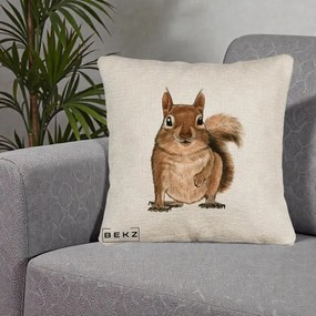 Perna Decorativa Veverita Acuarela, 40x40 cm, Bej Canapea, Husa Detasabila, Perna Inclusa, BEKZ®