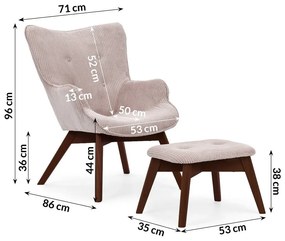 Fotoliu cu taburet roz deschis cu tapițerie din catifea reiată Niko – Ropez