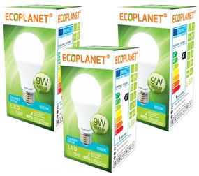 Set 3 buc - Bec LED Ecoplanet, E27, 9W, 75W, 855 LM, F, lumina rece 6500K, Alb, Mat Lumina rece - 6500K, 3 buc