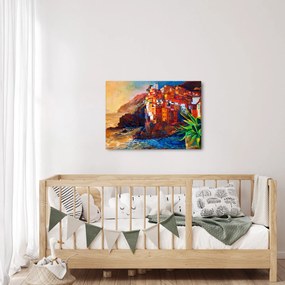 Tablou - Satul de coastă Cinque Terre, Riviera italiană, impresionismul modern (70x50 cm)