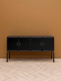 Consolă hol în stil eclectic, din metal și sticlă, negru, cu 4 uși din sticlă fumurie și mânere aurii, 82 x 138 x 38 cm, „Ashbury”