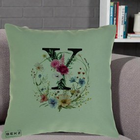 Cadou Personalizat - Perna Personalizata Monograma Florala Litera Y cu Coroana, 40x40 cm, Verde, Husa Detasabila, Perna Inclusa, BEKZ®